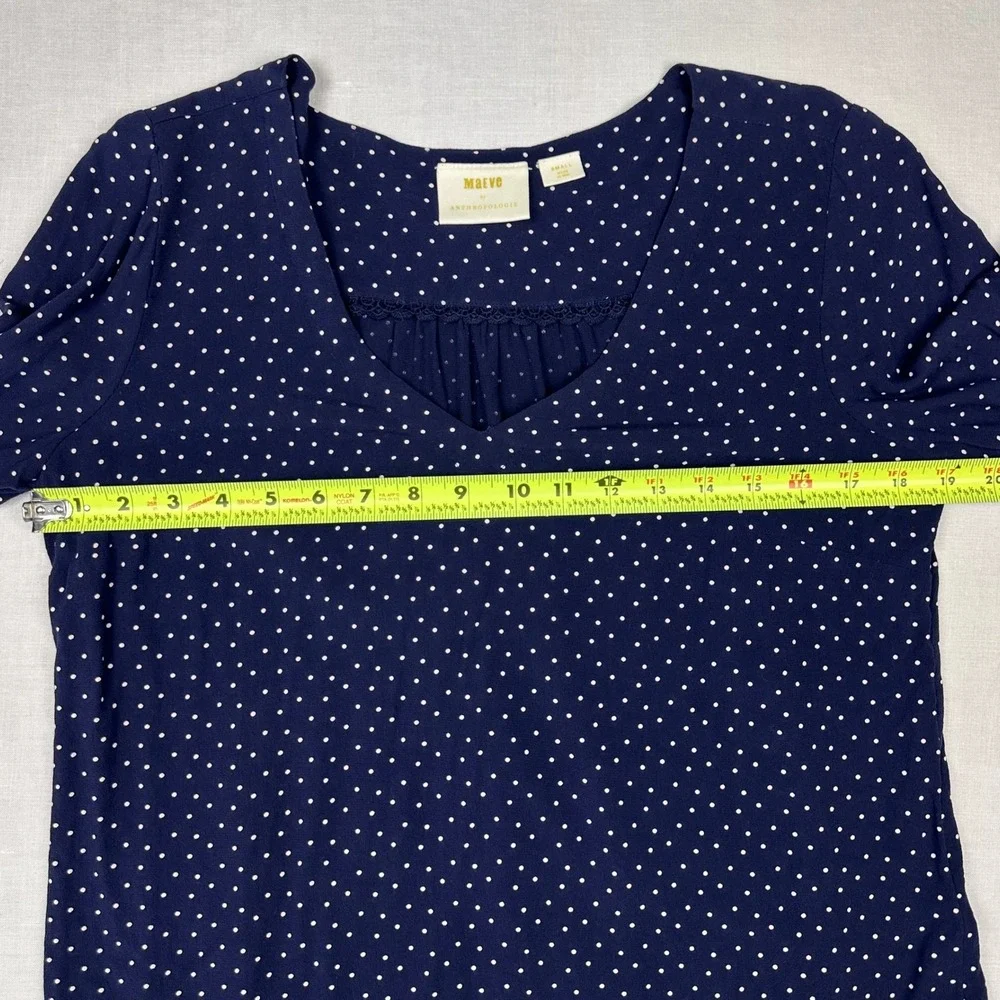 Anthropologie Maeve Womens Blouse Small‎ Navy Polka Dot V Neck Tie Sleeve Rayon
